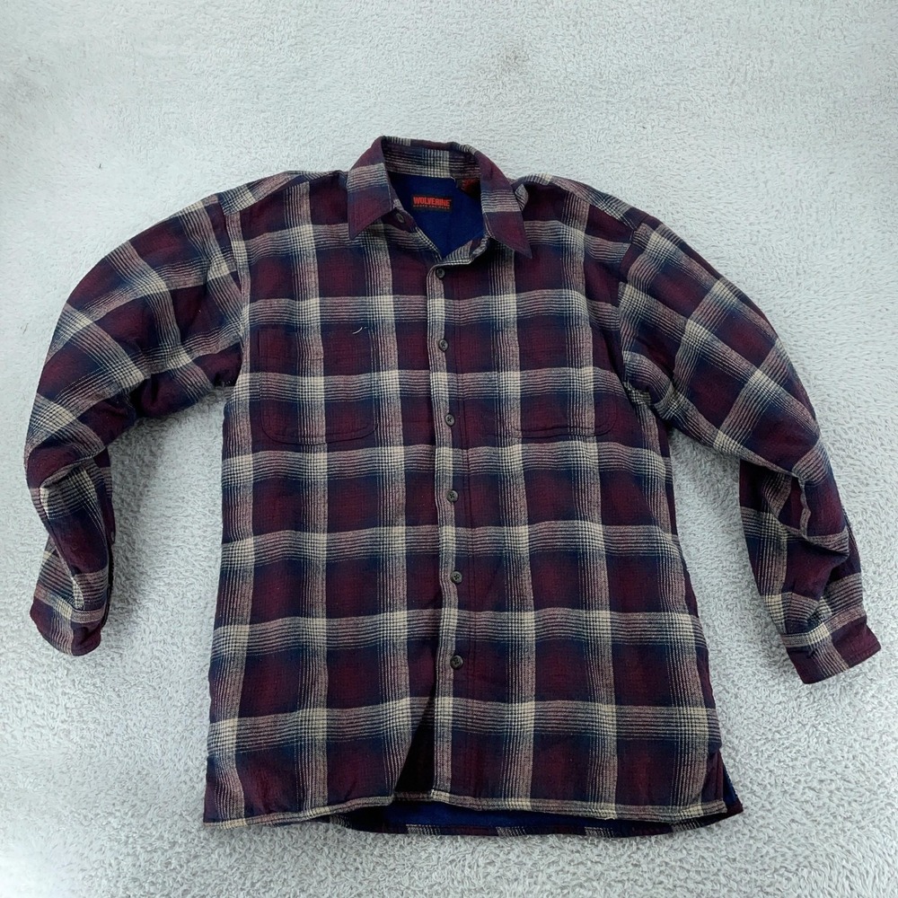 Wolverine Fleece Lined Flannel Shirt Jacket Mens Medium Red Navy Plaid Workwear‎